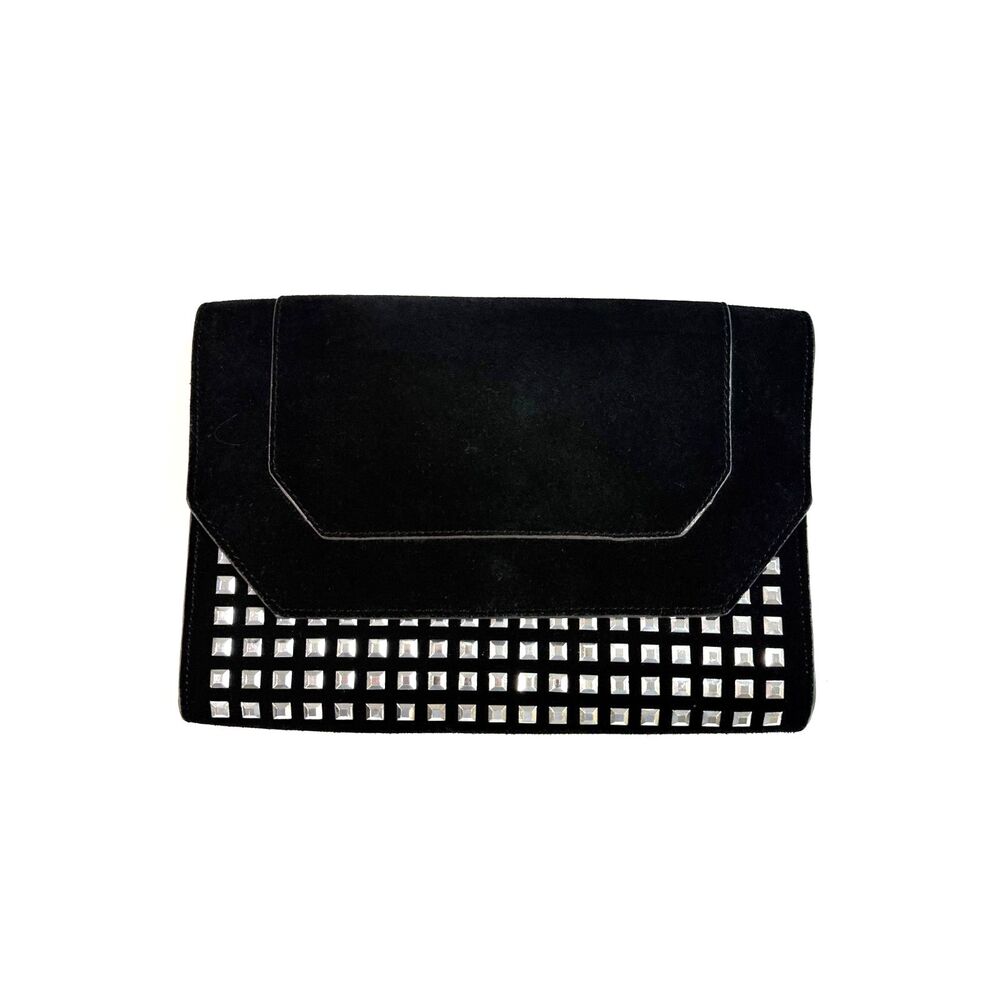 BCBGMAXAZRIA Envelope Clutch Black Suede Silver‎ Studded Edgy Luxe Goth Y2K